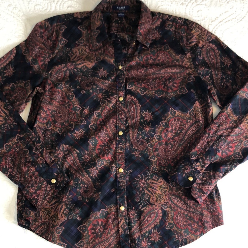 Chaps Womens Button Front Blouse Multi-Color Pais… - image 6